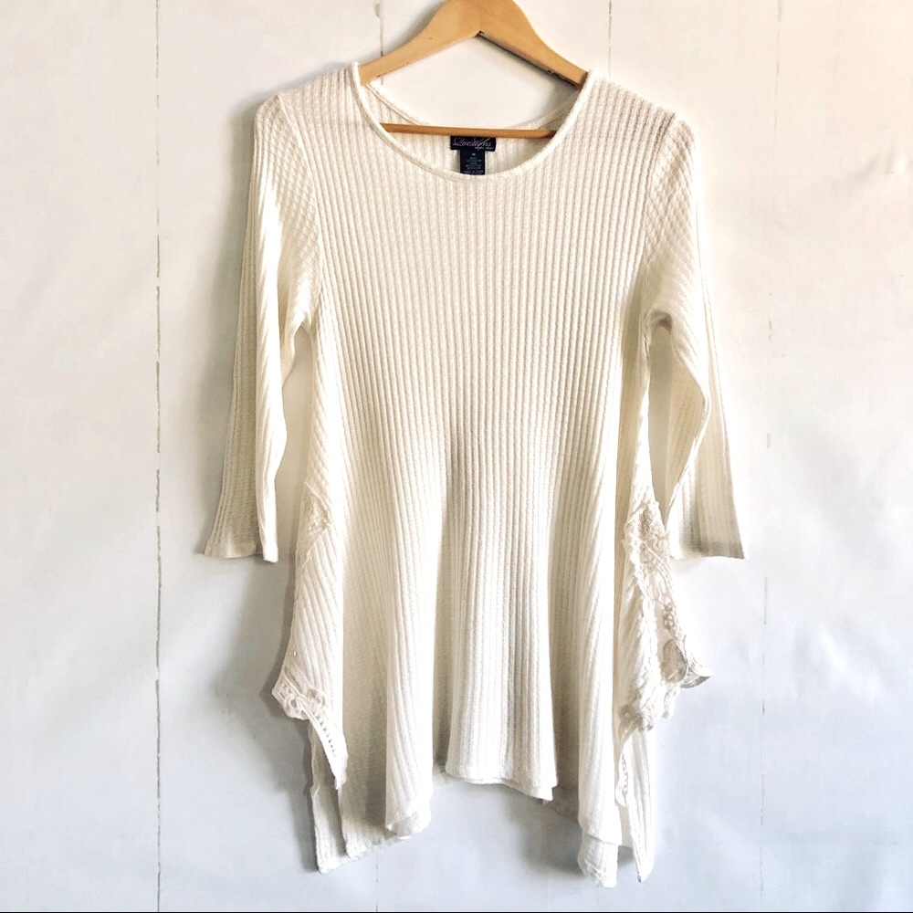 Questions Ivory Ribbed Lace Decor Top